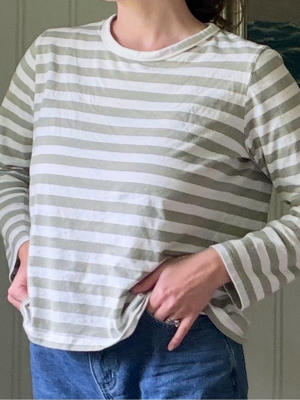 Striped Long-Sleeve Crewneck Top in Sage and White